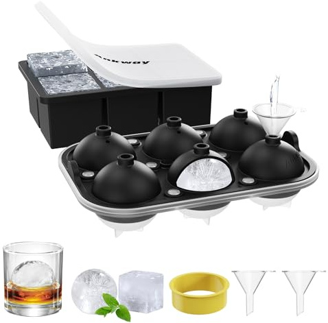 Ankway 2er Set Große Eiswürfelform Silikon, 5cm 6 Fach Eiswürfelbehälter Silikon mit Trichter, Eiswürfelform Kugel, BPA Frei Ice Cube Tray für Whisky Cocktails Saft Schokolade Süßigkeiten