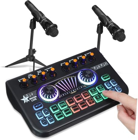 HIAKDOFT Profesional Dj Mic y Sound Card para Podcast y Streaming Mezclador de Audio con Efectos Real Micrófonos para Pc y Teléfono Equipo Completo para Grabación y Gaming