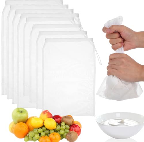 8 Pack Nut Milk Bag Nylon Cheese Cloth Fine Mesh Yogurt Nut Bag Strainer Bags Professional Reusable Juice Filtering for Almond Milk Cold Brew Coffee Tea Tofu Nutmilk Making 12 x 8 Inch 2 Size