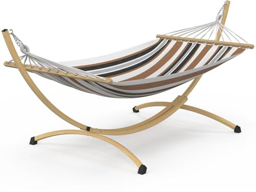 IDMarket – Hamaca XL con soporte de metal, efecto madera y tela rayada negra, blanca y chocolate