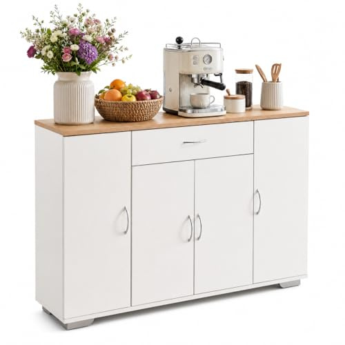 Songvas Aparador Cocina, Aparador Entrada, 110x30x74 cm, MDF, Mueble Auxiliar de Cocina y Comedor, 4 Puertas/1 cajón, estantes ajustablespara Cocina, Comedor, Salón y Recibidor (Blanco/Efecto Roble)