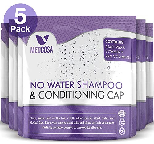 Medcosa Cuffia Shampoo a Secco - Cuffie per Lavare i Capelli senza Acqua - Shampoo senza Risciacquo - Formula con Aloe Vera Vitamina E Camomilla - 5x Confezioni con 1 Cuffia
