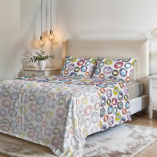 COMPLETO LETTO MATRIMONIALE NO STIRO FANTASY-Prodotto in Italia - Microfibra - Sopra 240x270 cm, Sotto 170x200 cm con Angoli Elasticizzati 25 cm, 2 Federe 50x80 cm - Cerchi Astratti
