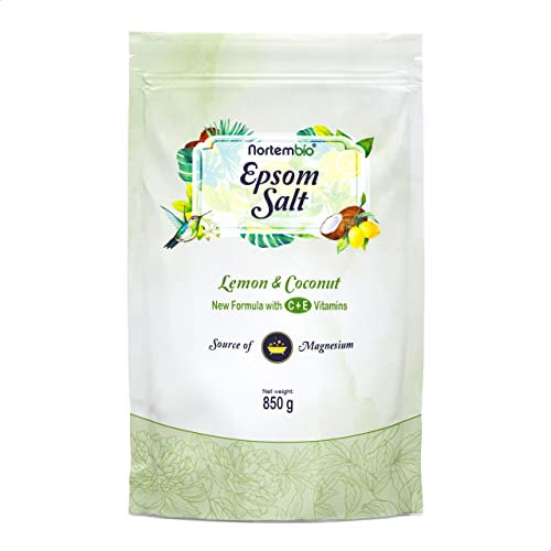 Nortembio Sali di Epsom 100% Fragranza Limone e Cocco 850 g – Fonte Naturale di Magnesio | Con Vitamina C ed E Idratante | Per Bagni Rilassanti, Spa e Cura della Pelle + E-Book Gratuito