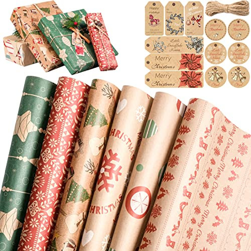 NexusNurture Geschenkpapier Weihnachten, 12 Stück recyceltes Weihnachtspapier 70x50CM mit 12 Stück Weihnachtskarten Geschenkanhänger und Jutesaiten, Kraftpapier für Weihnachtsgeburtstagsgeschenke