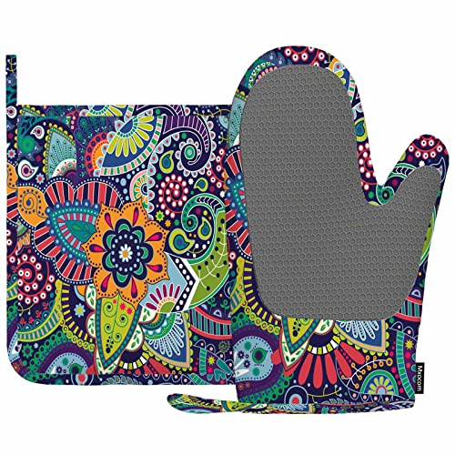 Mxocom Paisley Stylized Flowers Oven Mitts and Pot Holders Sets Mandala Boho Damask Floral Swirls Teardrop Ethnic Tribal Colorful Silicone Heat Resistant Kitchen Oven Gloves Pot Holder for Cooking