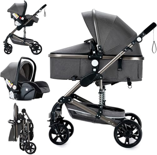 MoLi Kinderwagen 3 in 1, Kinderwagen Set Umkehrbarem Doppelschiebemodus, Kombikinderwagen 3 in 1 Großer Bequemer Babywanne, Buggy Rahmen Aluminiumlegierung Faltbar Hohe Landschaft (739 Grey)