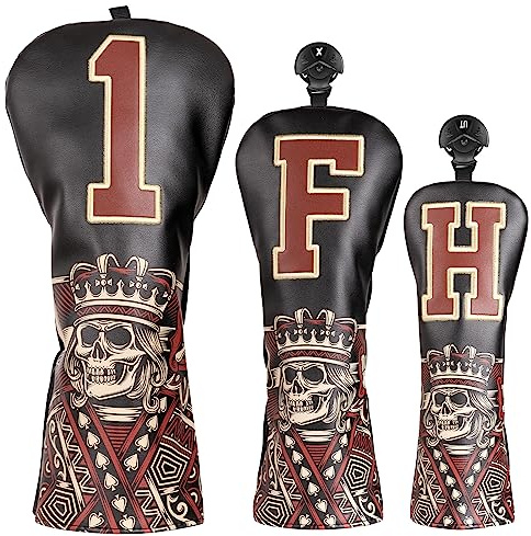 Lot de 3 housses de tête de club de golf en bois 1FH DR FW UT pour conducteur de parcours hybride avec fermeture élastique No.Tag en cuir synthétique noir squelette King