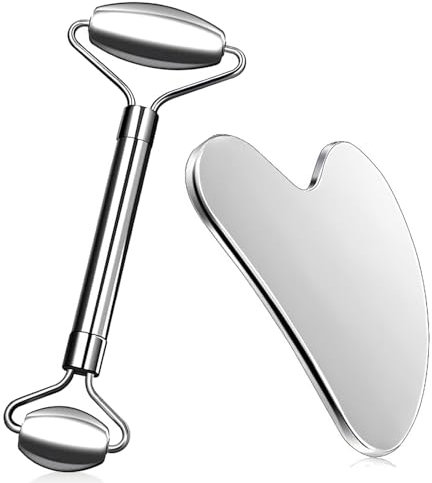 Saleependent Gua Sha e Rullo Massaggio Attrezzi e Rullo Di Giada, Rullo di Giada per il Viso, Guasha Massaggiatore Viso, Collo, Rilassamento dei Muscoli, Inossidabile