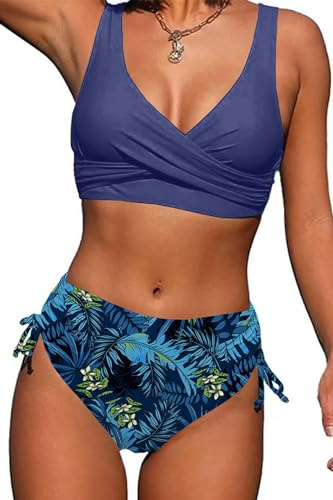 Yutdeng Costume da Bagno Donna Curvy Bikini Mare Vita Alta Due Pezzi Costumi Top Push Up Scollo a V con Incrociati sul Retro e Pantaloncini da Bagno con Coulisse Laterale a Pieghe,Navy,XL