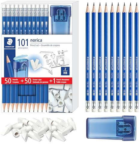 STAEDTLER Norica Pencil Set: 50 Pre-sharpened #2 HB Pencils with 50 Eraser Caps & Double-Hole Sharpener, Break-Resistant Lead, School Pack