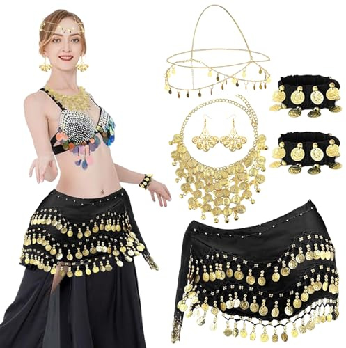 Magdans tillbehör kvinnor, 7 stycken magdans kostym set, magdans höftduk med guldmynt örhängen, halsband, armband och huvudbonader, dammagdansbälte, karneval kostym tillbehör, Guld, 1