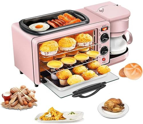 Máquina de Desayuno Eléctrica 3 en 1, Estación de Desayuno Multifuncional de 1050 W con Cafetera, Control de Temperatura de 100-230 ° y Temporización de 30 Minutos, Mini Horno para Máquina pink