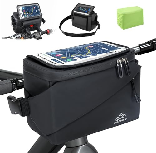 KEEPIFY 4.5L Sacoche de Guidon Vélo Étanche, Sacoche Avant de Vélo Guidon avec Adaptateur, Écran Tactile, Support Téléphone, Sangle d'Épaule Amovible, Sac de Panier Adapté aux Électrique
