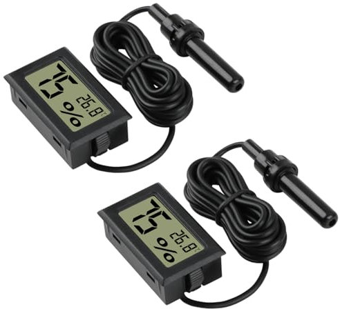 Reptile Thermometer Hygrometer, Digital hygrometer thermometer Gauge with Probe for Incubators Breeding Boxes Terrariums Hygrometer for Lizards Spiders Tortoises, Black (2 Pack)