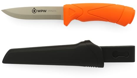 WPW Jagdmesser feststehende Klinge 110 mm - §42a WaffG konform - Outdoor Messer für Jagd, Bushcraft, Survival, Aufbrechen, Schnitzen - CNC geschliffen - Signalorange Griff - Gürtelclip