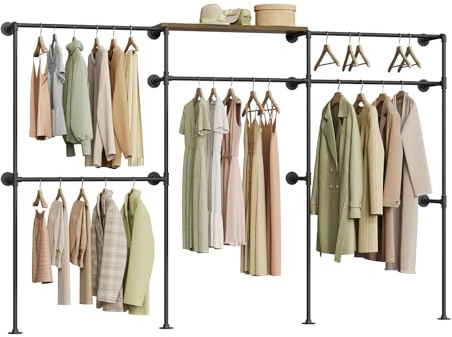 WOLTU Perchero de Pared, Armario Abierto, Burro para Ropa, Barra de Colgar de Tubos Metálicos, Diseño Industrial y Vintage, Negro + Marrón Rústico