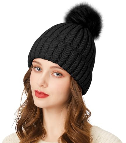 Fnaobai Women's Winter Beanie Hat Warm Knitted Pom Pom for Girls Soft Soild Color Snow Cap for Cold Weather Outdoor Activities (UK, Alpha, One Size, Black)