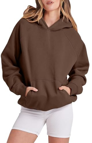 2025 Sudadera con capucha holgada de forro polar básico sólido para mujer, manga larga, bolsillo, hombros caídos, top pullover, cuello en V, marrón, S