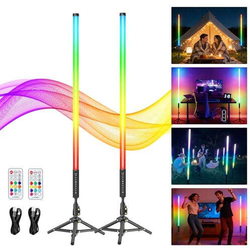 Luce video LED Mood1Pro da 2 pezzi da 90 cm con treppiede, luce fotografica portatile a LED, batteria da 5000 mAh e modalità musica, lampada fotografica RGB per YouTube,TikTok, feste, bar, fotografica