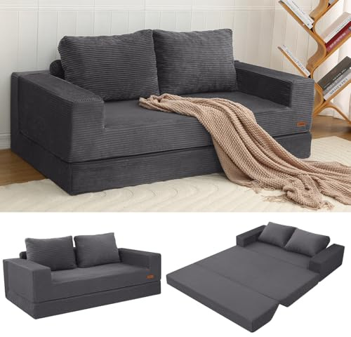 MeMoreCool Convertible Sofa Bed, Corduroy Folding Floor Couch, Grey