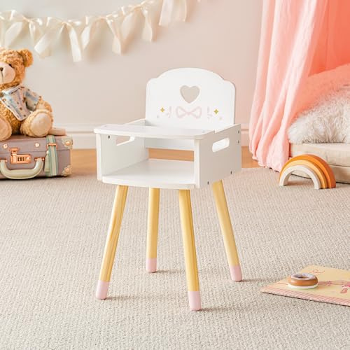 ROBUD Baby Doll High Chair, Pretend Play High Chair with Heart-Shaped Backrest for 18-20 Inch Dolls, Wooden Baby Doll Accessories, Baby Doll Furniture for Ages 3+ (White)