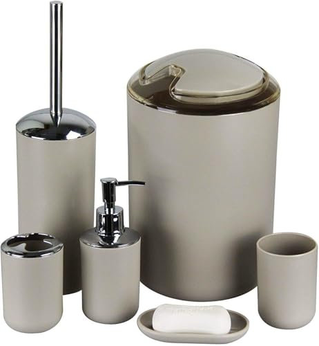 6tlg Badset Badezimmer Zubehör Set Organizer: Seifenspender, Zahnputzbecher, Kosmetikeimer, WC Bürste und Halter, Seifenschale, Mülleimer, Zahnbürstenhalter, Badgarnitur (Beige Design 3)