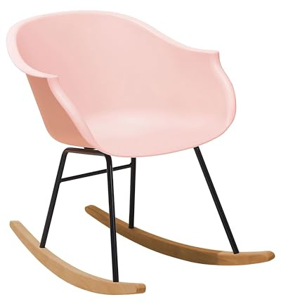 Beliani Petit Fauteuil Chaise à Bascule Assise en Plastique Rose et Pieds en Bois Design Rétro Scandinave pour Salon au Style Nordique Moderne
