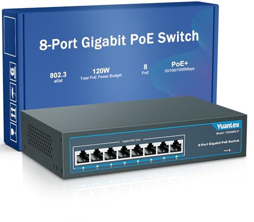 YuanLey 8 Port Gigabit PoE Switch, 8 PoE+ Port 1000Mbps, 120W 802.3af/at, Étendre la Fonction, Metal Fanless Unmanaged