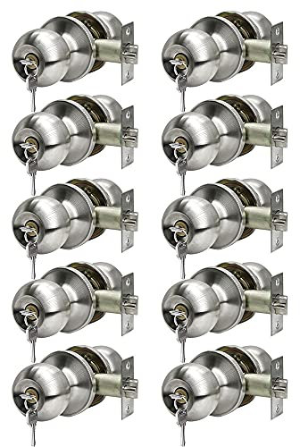 SUNTAI Door Knob with Lock and Keys, Ball Stainless Steel Entry Door Lock with Keyed,Exterior/Interior Door Handles for Bedroom or Bathroom,Satin Nickel,(10Pack)