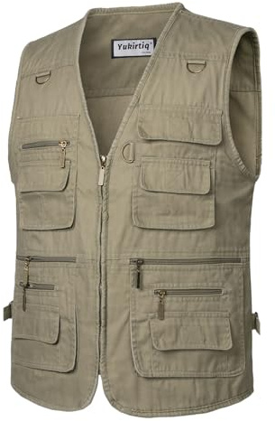 Yukirtiq Hombres Chaleco de Pesca Senderismo Chaleco Tipo Safari de Fotografía Viajes Bolsillos Chaquetas sin Mangas para Trabajo Chaleco de Caza, Caqui, 3XL