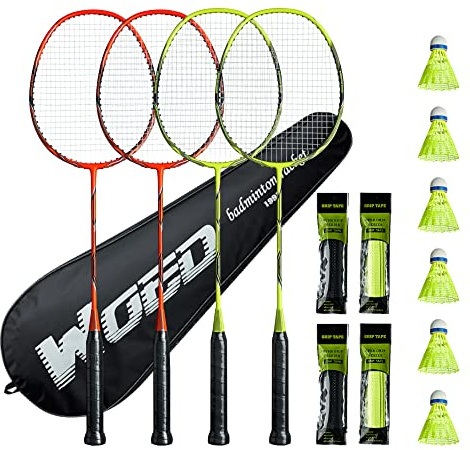 Badminton Racket Set of 4, Professional Carbon Fiber Badminton Rackets Badminton Racquet for Backyards Gym with 6 Shuttlecocks 4 Grip Tape and 1 Badminton Bag, Yellow Orange