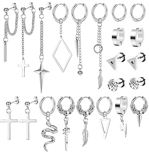 Kakonia 22 Pcs Boucles d'Oreilles Pendantes pour Hommes en Acier Inoxydable Huggie Hoop Boucles d'Oreilles Punk Longue Chaîne Clou Plume Épée Croix Dangle Kpop Boucles d'Oreilles Noir et Ton Argent