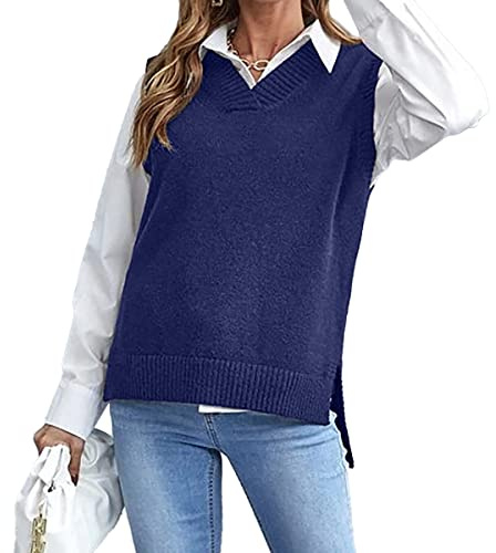 MODFUL Women Knitted Vest Sleeveless V-Neck Sweater Chunky Classic Jumper Pullover (Blue, L)