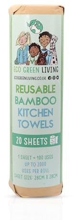 Eco Green Living Asciugamani da Cucina in Bambù Riutilizzabili, Lavabili, Alternativa Sostenibile agli Asciugamani di Carta, Super Assorbenti, 1 Rotolo x 20 Fogli
