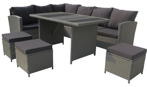 COZYBRITE Garden Corner Sofa Rattan Furniture Set 9 Seater Patio Outdoor Lounge Settee with Glass Dining Table All-weather SFS019 (Solid Grey with Dark Cushions)
