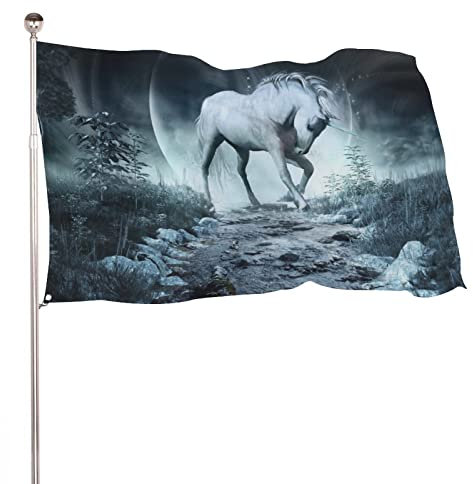 NIBABAEU Drapeau décoratif pour maison, jardin, cour, extérieur, licorne, ruisseau, lune, vacances, bienvenue, jardin, cour, pelouse, 90 x 150 cm