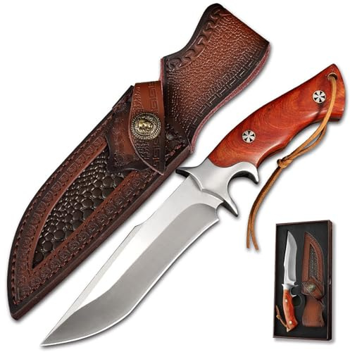 QIXENIO M390 Steel Handmade Hunting Knife, Fixed Blade Full-Tang with Leather Sheath, Red Wood Non-Slip Handle - Survival, Tactical, Camping knives