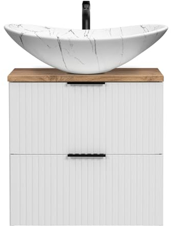 Lomadox Waschtisch 61,5cm mit Aufsatzbecken, weiß mit Eiche Nb., Front gerillt, Keramikwaschbecken weiß marmoriert