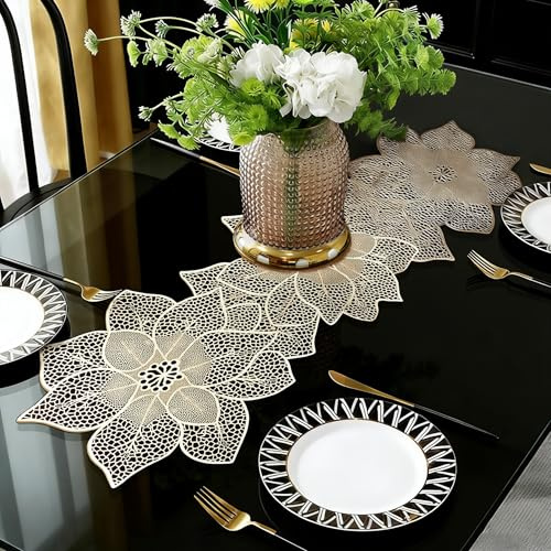 Fave - Camino de mesa (90 cm, impermeable, resistente al agua, con forma de flor, lavable, para bodas, banquetes, cumpleaños, fiestas, restaurantes (modelo de flor dorada)