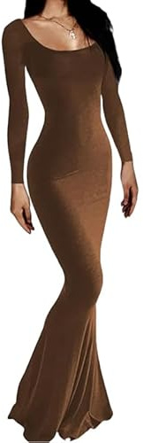 Rongseng Vestito Donna Maniche Lunghe Aderente Abito Lungo con Scollo Quadrato Sexy Tinta Unita Maxi Bodycon Vestito Elasticizzato Abito da Cocktai per Feste e Cerimonie Discoteca