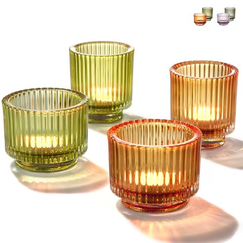 Praknu Teelichthalter Windlicht aus dickem Glas - 4er Set mit Rillenrelief - Für Stilvolle Tischdeko & Festliche Anlässe - Grün/Gold