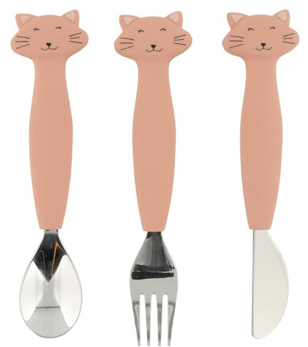 Trixie Baby Trixie Besteckset aus Silikon und Edelstahl, für Babys und Kinder, 3-teilig (Gabel, Löffel und Messer), Mrs. Cat (Katze), 96-4XX