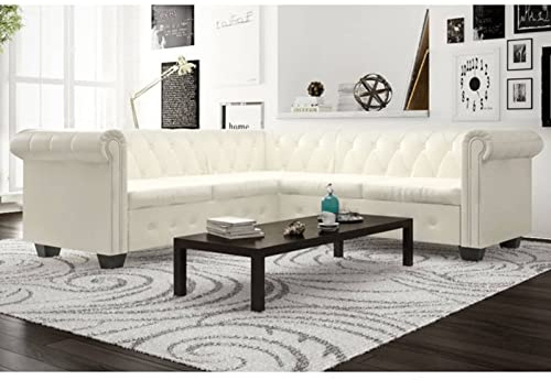 Homgoday Mobile Divano Chersterfield ad Angolo 5 Posti Pelle Artificiale Bianca,Divano Chesterfield Moderno,Divano Ecopelle,Divano in Pelle,Divano Vintage,Divano in Offerta,Divano Pelle Sofa Mobili