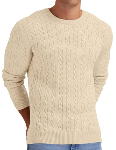 Sailwind Pull en tricot pour homme avec col rond - Pull en tricot torsadé à manches longues - Pull d'hiver pour homme, beige, L