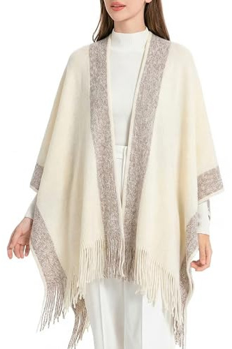 ZLYC Women Lightweight Shawl Golden Trim Knit Blanket Wrap Fringe Poncho | Vinatge Poncho Cape with Contrast Trims Evening Shawl for Winter Autumn