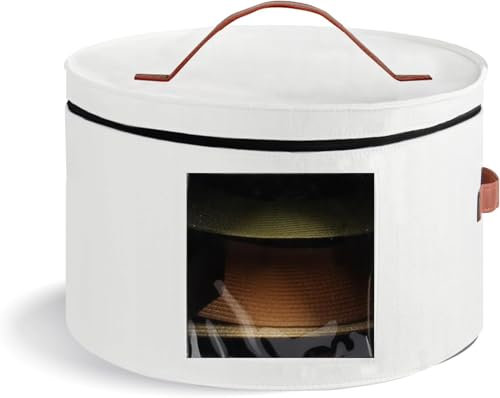 SpirWoRchlan Faltbare Hutbox mit Deckel, große runde Hut-Tragetasche, Organizer, Cowboy-Kappen-Aufbewahrung, bis zu 8 Hüte, weiß, L (42,9 cm D x 25,9 cm H), rund, Filz, Leder