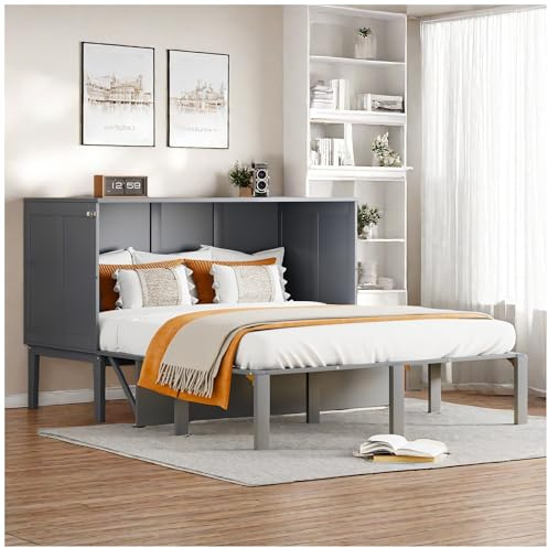 Wyibwy Letto Singolo 140x200 cm, Letto a Parete, Rete a Doghe, Armadio Letto Verticale, Letti Salvaspazio, Struttura Letto Una Piazza e Mezza Legno, Grigio (Senza Materasso)