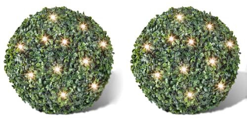 Homgoday Konstgjorda blad beskärningsboll 27 cm med Solar LED-rep 2 stycken julgransdekorationer ljus fest krans utomhuslampor