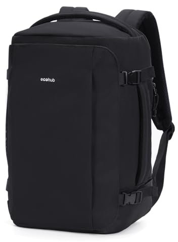ECOHUB Ryanair Handgepäck 40x20x25 Rucksack, 20L Reiserucksack für Flugzeug, 14-Zoll Laptop Rucksack mit Tiefe, PET-Recycelte Wasserdichter Backpack für Herren & Damen, Patent Anhängig(Schwarz)